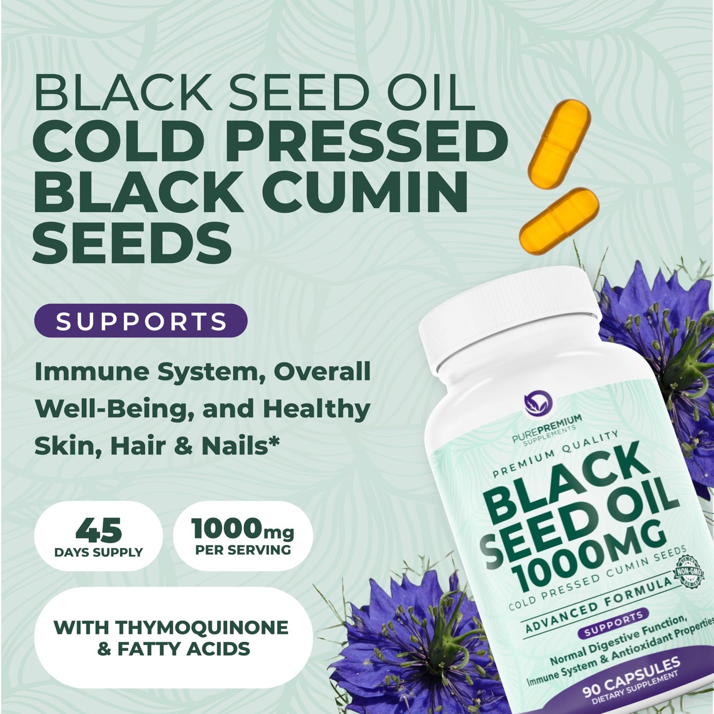 PurePremium Black Seed Oil 500mg - Organic Nigella Sativa, 90 Capsules