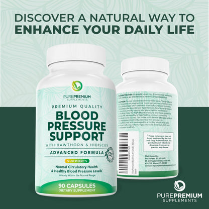 PurePremium Blood Pressure Supplements – Hawthorn, Hibiscus, Garlic & Vitamin B12 | Nitric Oxide Support for Heart & Circulation, 90 Count