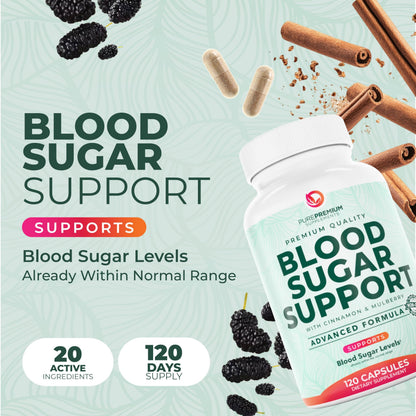 PurePremium Normal Blood Sugar Support Supplement - 120ct with 20 Active Ingredients including Cinnamon, Bitter Melon, Chromium & Mulberry