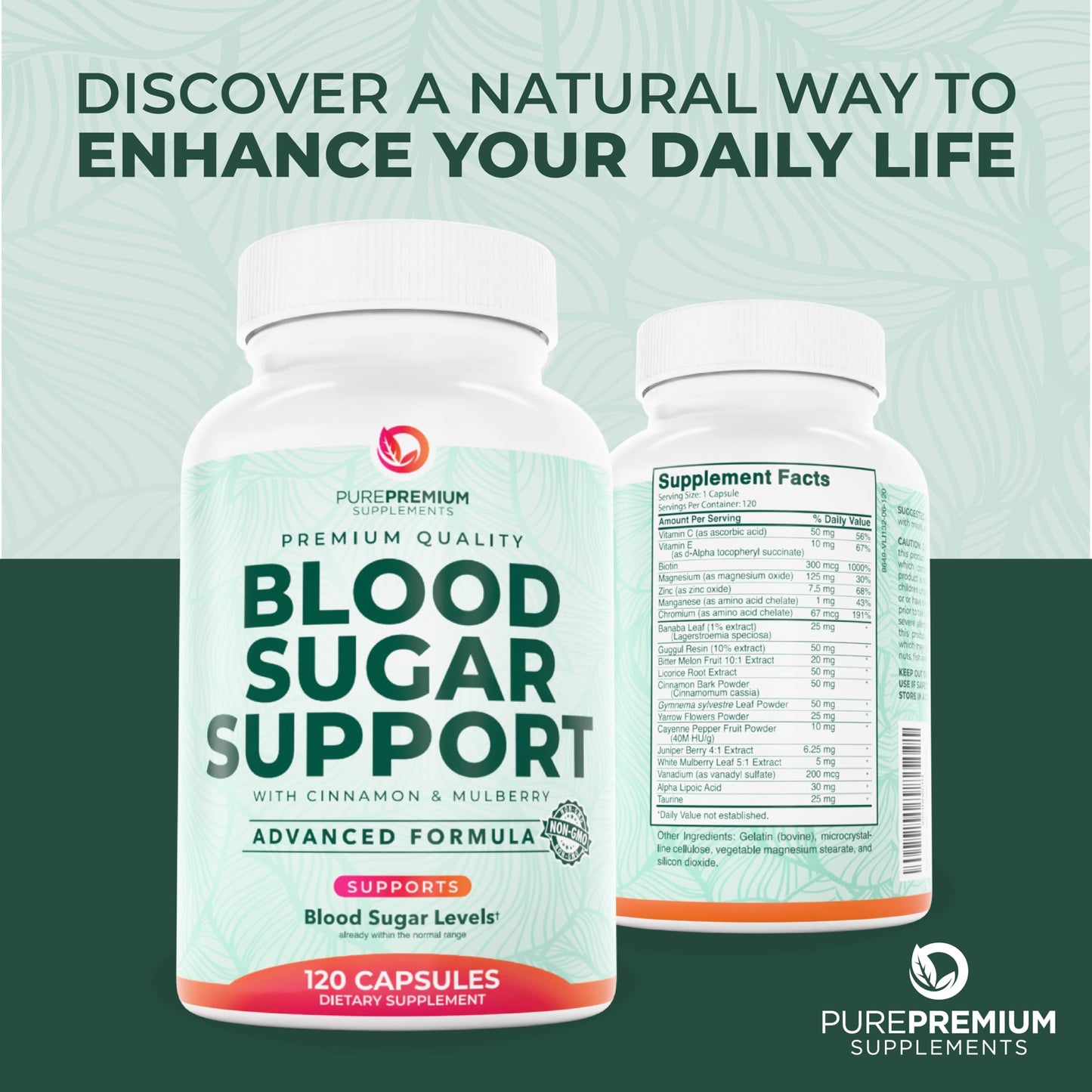 PurePremium Normal Blood Sugar Support Supplement - 120ct with 20 Active Ingredients including Cinnamon, Bitter Melon, Chromium & Mulberry