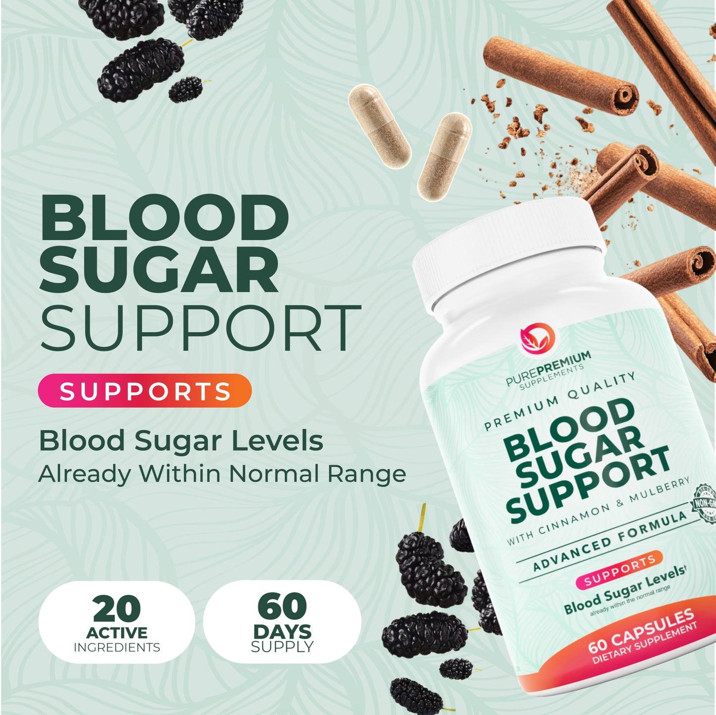 PurePremium Normal Blood Sugar Support – 60ct (20 Active Ingredients) Cinnamon, Bitter Melon, Chromium, Mulberry