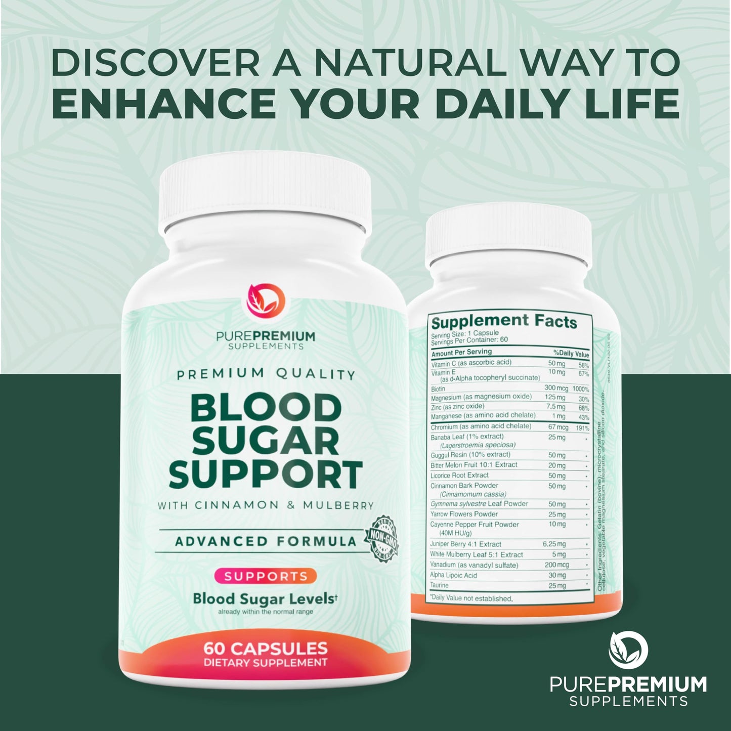 PurePremium Normal Blood Sugar Support – 60ct (20 Active Ingredients) Cinnamon, Bitter Melon, Chromium, Mulberry