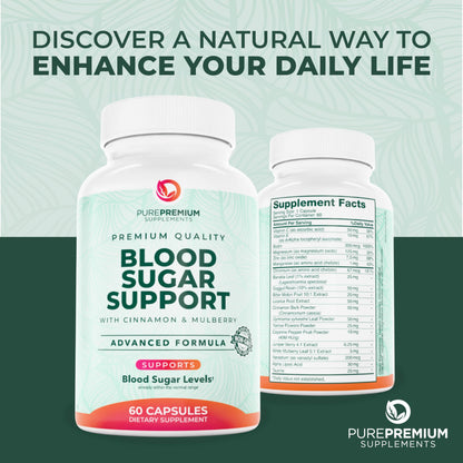 PurePremium Normal Blood Sugar Support – 60ct (20 Active Ingredients) Cinnamon, Bitter Melon, Chromium, Mulberry
