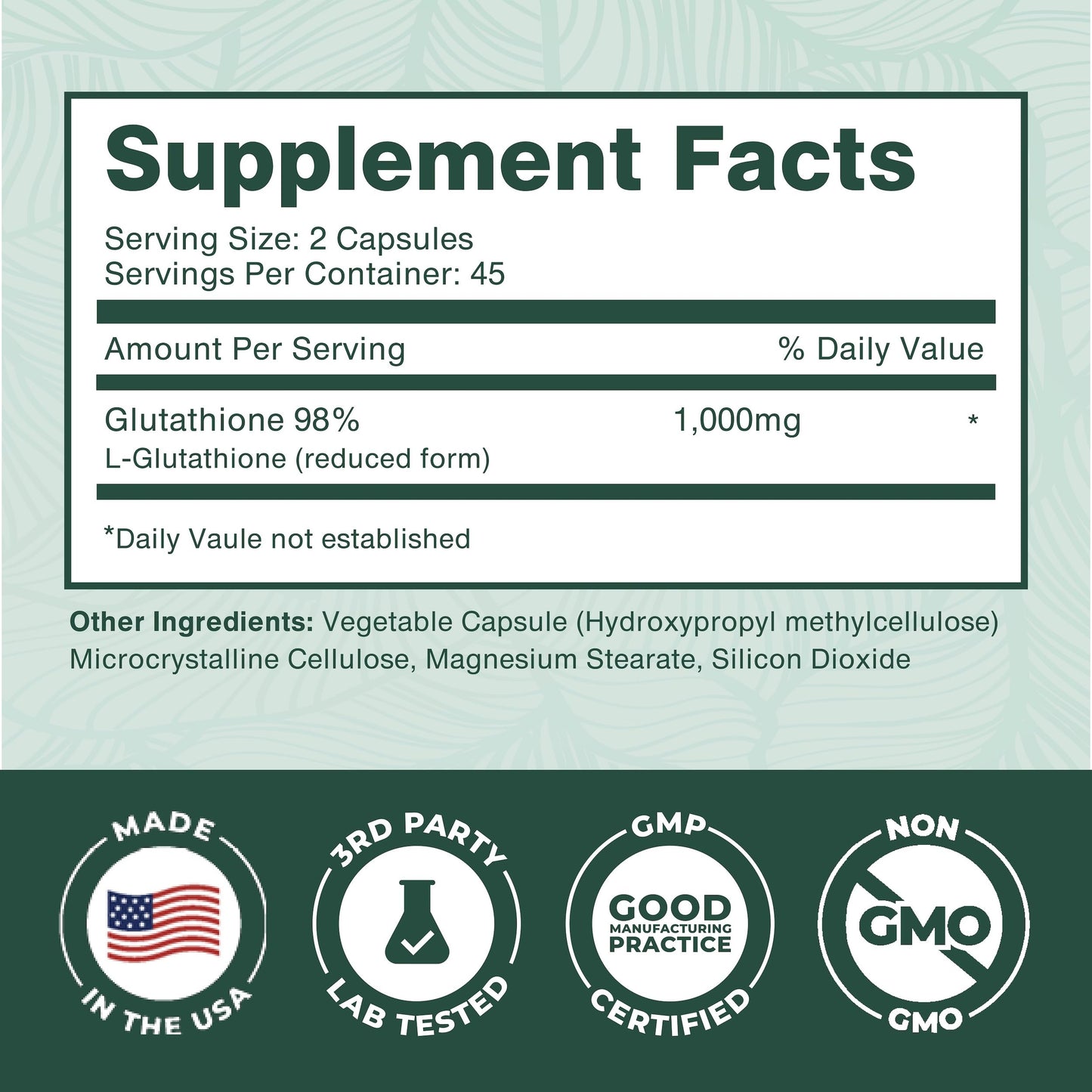 PurePremium Reduced Glutathione 1000mg – 90 Capsules | Antioxidant Liver Brain Skin Heart