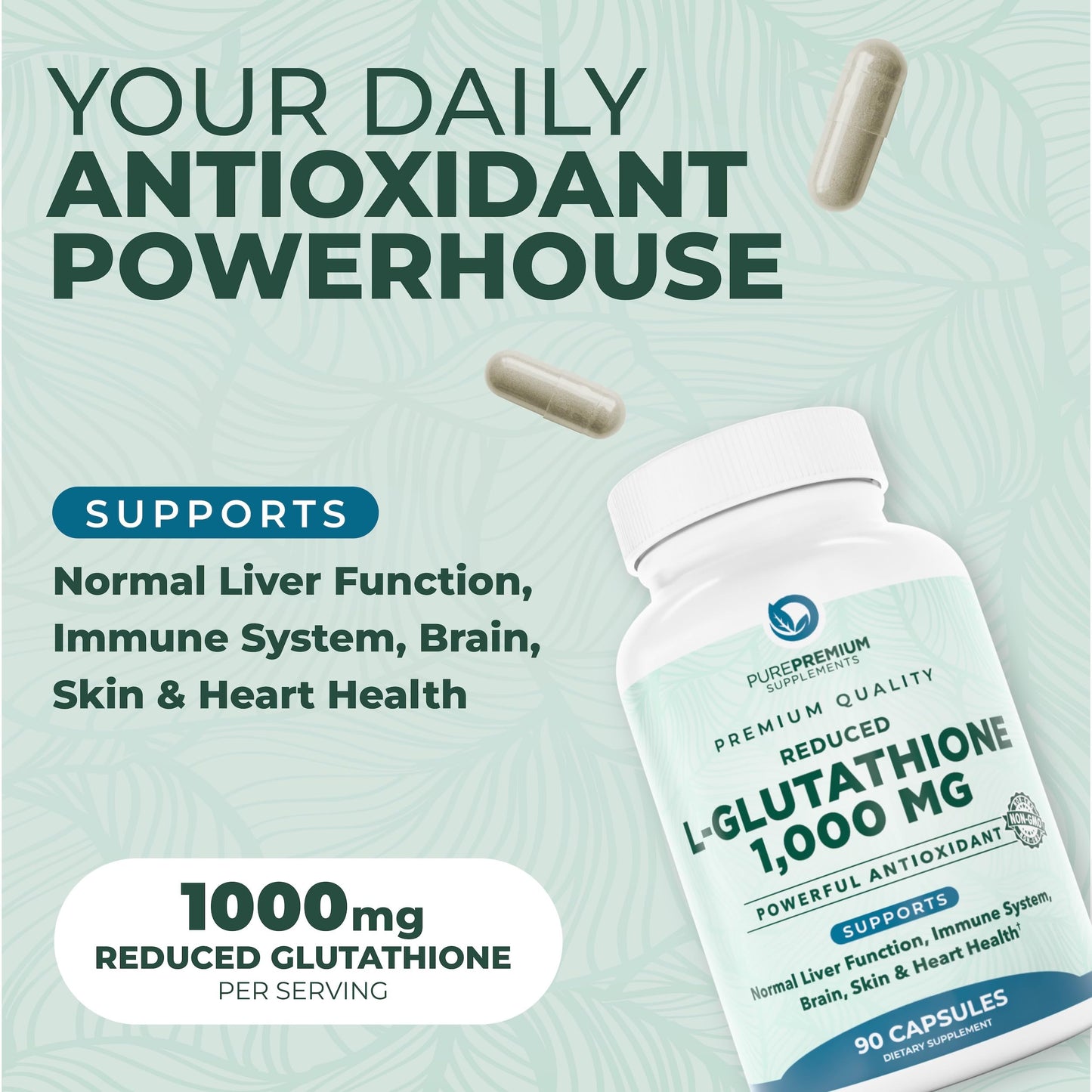 PurePremium Reduced Glutathione 1000mg – 90 Capsules | Antioxidant Liver Brain Skin Heart
