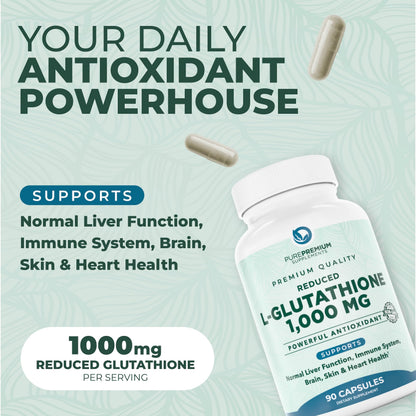PurePremium Reduced Glutathione 1000mg – 90 Capsules | Antioxidant Liver Brain Skin Heart
