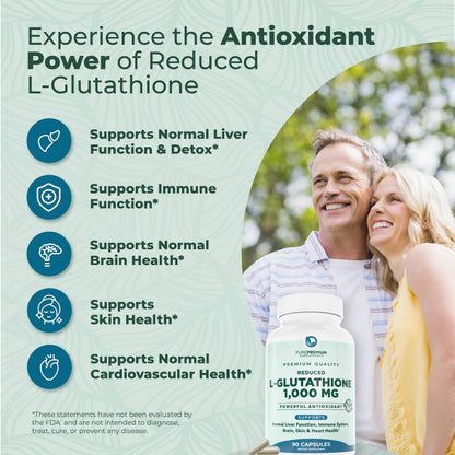 PurePremium Reduced Glutathione 1000mg – 90 Capsules | Antioxidant Liver Brain Skin Heart