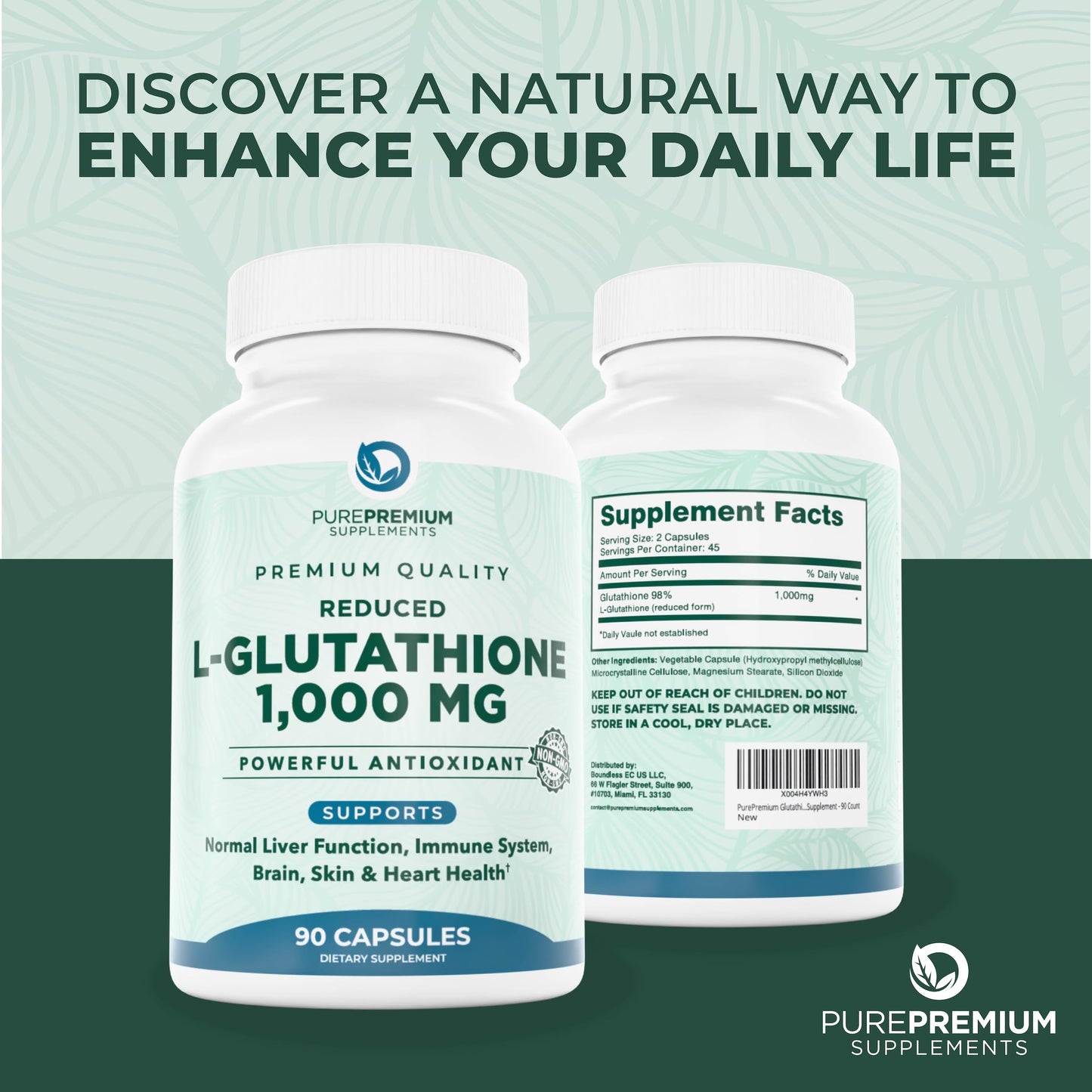 PurePremium Reduced Glutathione 1000mg – 90 Capsules | Antioxidant Liver Brain Skin Heart