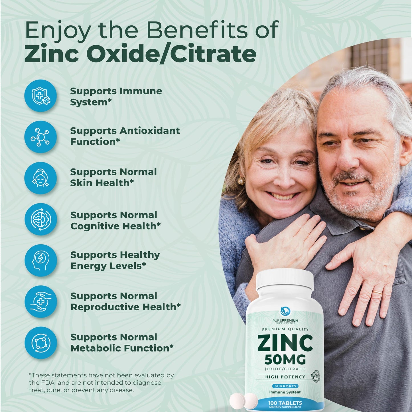 PurePremium Zinc 50mg Supplements for Men & Women - GMP-Certified Immune Support, 100 Tablets