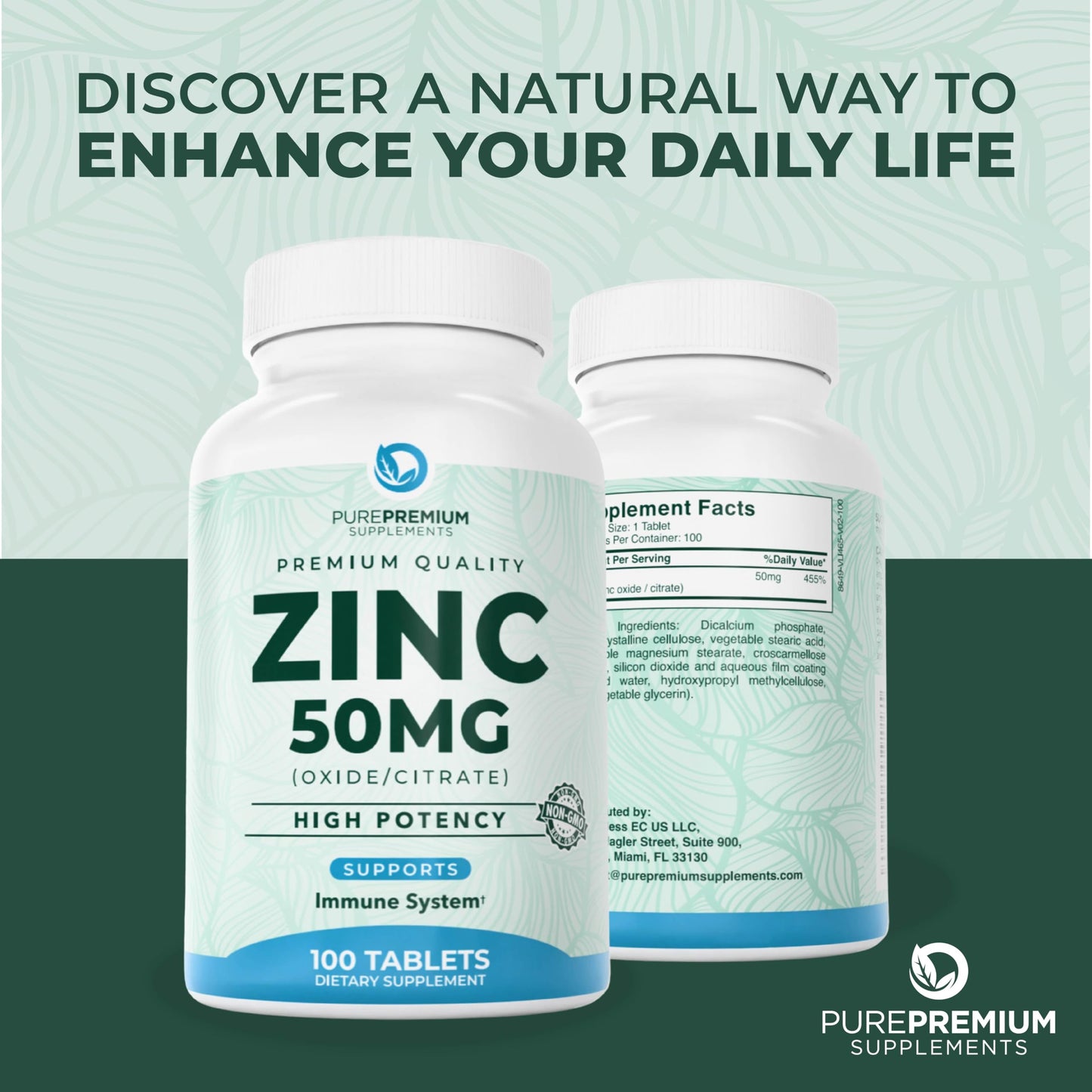 PurePremium Zinc 50mg Supplements for Men & Women - GMP-Certified Immune Support, 100 Tablets