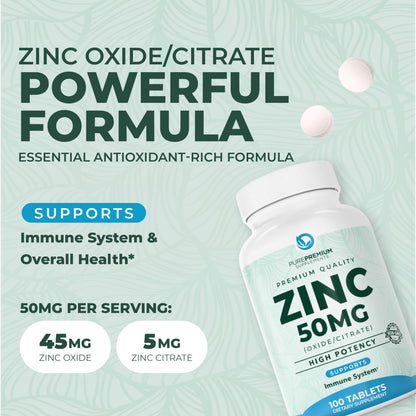 PurePremium Zinc 50mg Supplements for Men & Women - GMP-Certified Immune Support, 100 Tablets
