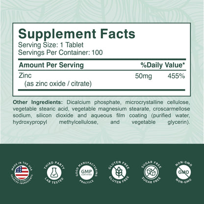PurePremium Zinc 50mg Supplements for Men & Women - GMP-Certified Immune Support, 100 Tablets