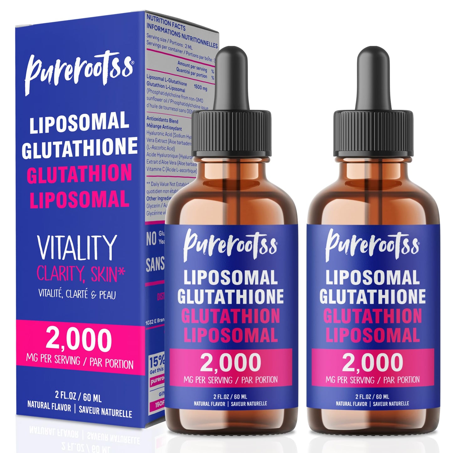 PureRootss Liposomal Glutathione Liquid Supplement (Pack of 2) – 98% Absorption, Vitamin C, 2 Fl Oz