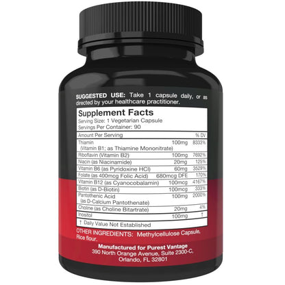 Purest Vantage Vitamin B Complex – B1, B2, B3, B5, B6, B7, B9, B12 | 90 Vegetarian Capsules
