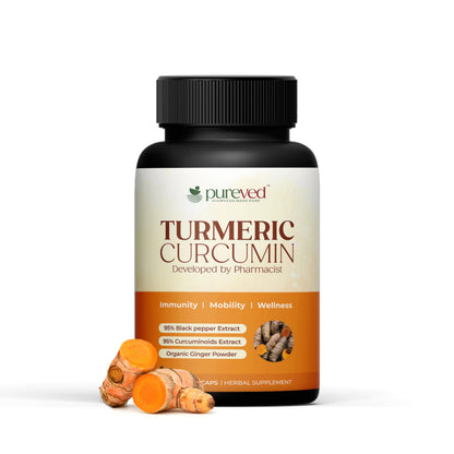 Pureved Turmeric Curcumin 90 Veg Capsules with Black Pepper & Ginger – Made in India