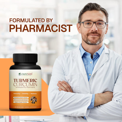 Pureved Turmeric Curcumin 90 Veg Capsules with Black Pepper & Ginger – Made in India