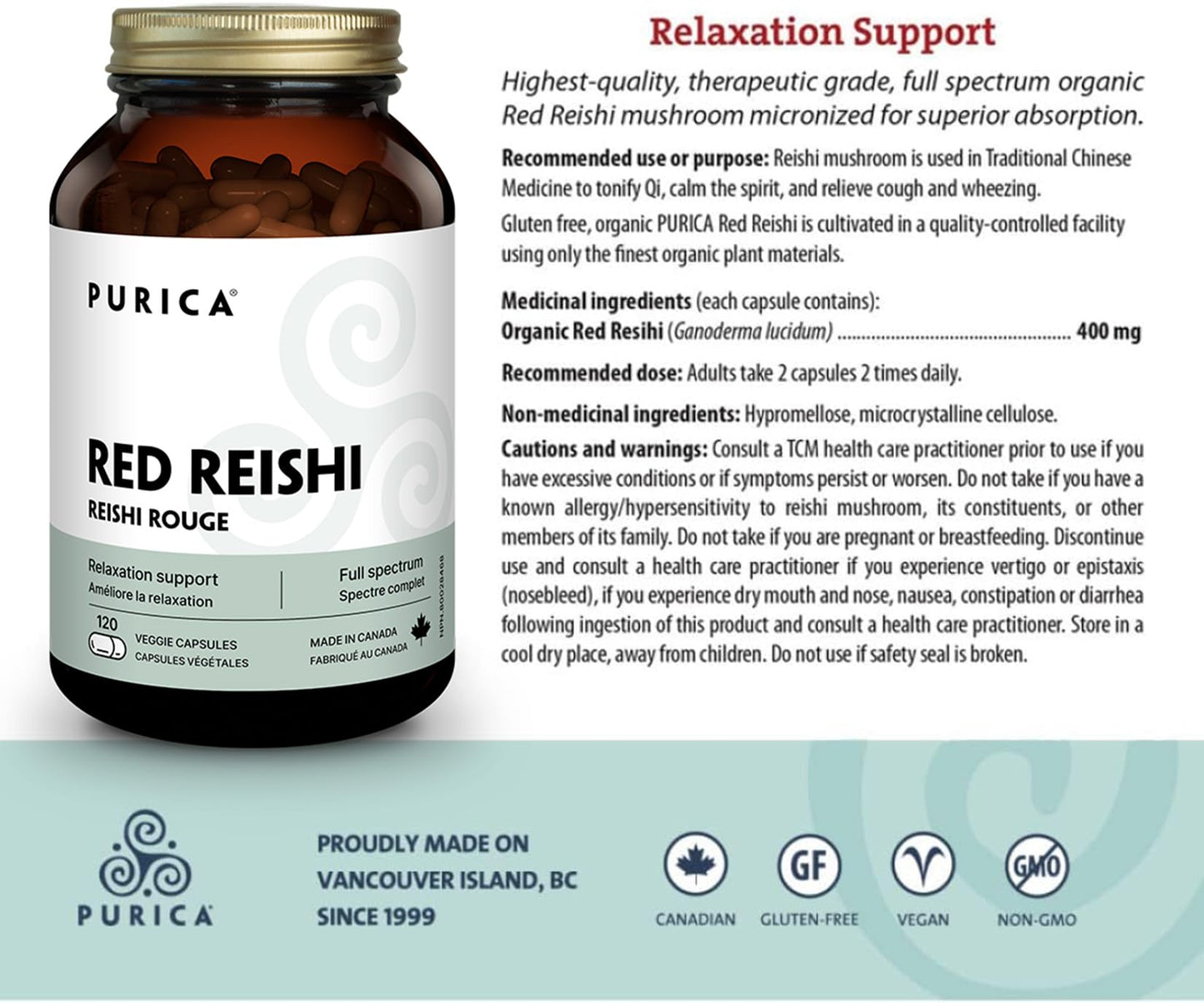 PURICA Red Reishi 120 CT | 400mg Reishi Mushroom Supplement