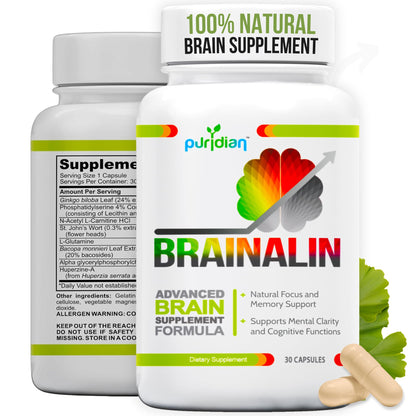 Puridian Brain Supplement for Memory, Focus & Concentration | Brainalin Nootropic Capsules | Non-GMO & Caffeine-Free