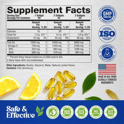 Omega 3 Fish Oil 3600 mg | EPA & DHA, Lemon Flavor, Made in USA