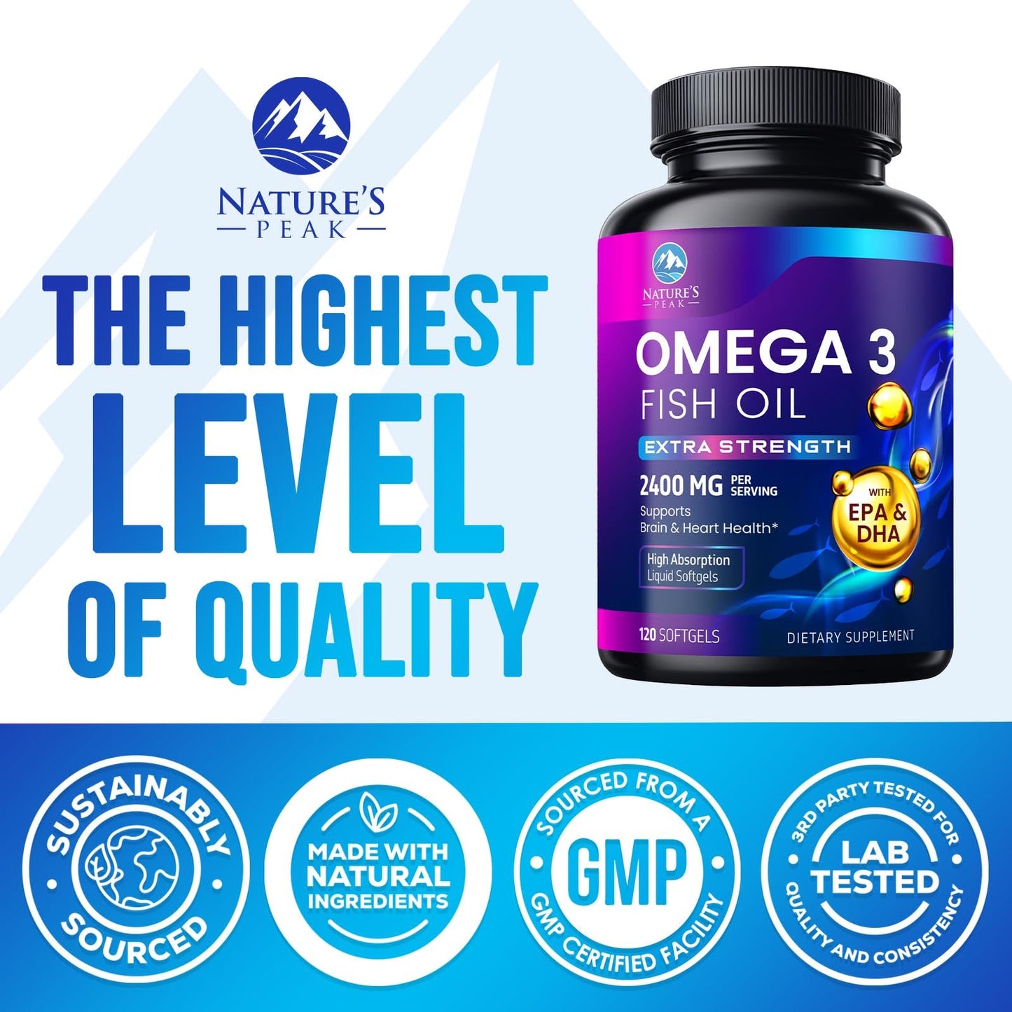 Omega 3 Fish Oil 2400 mg – Triple Strength, Sustainably Sourced | Nature's Peak | 120 Softgels