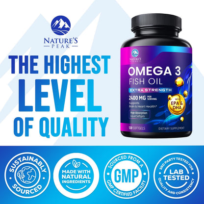 Omega 3 Fish Oil 2400 mg – Triple Strength, Sustainably Sourced | Nature's Peak | 120 Softgels