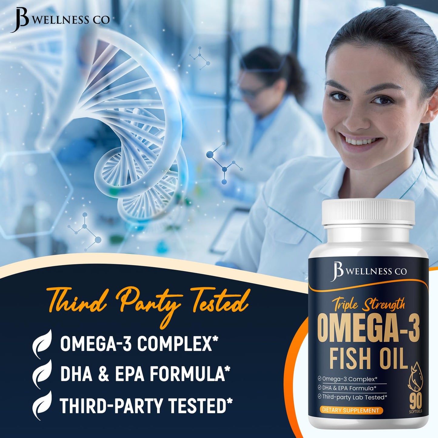 Triple Strength Omega-3 Fish Oil 3750 mg | EPA 1350 mg + DHA 900 mg | Burpless | 90 Softgels