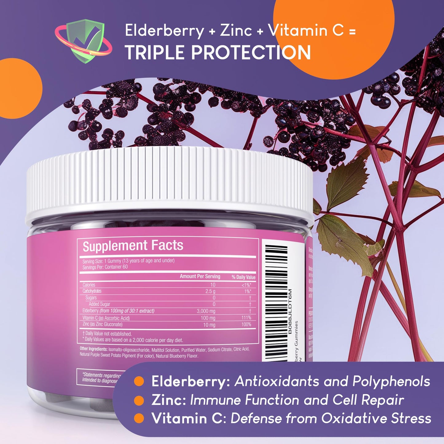 Purify Life Sugar-Free Kids Elderberry Gummies – Immune Support (60 ct) – Vegan