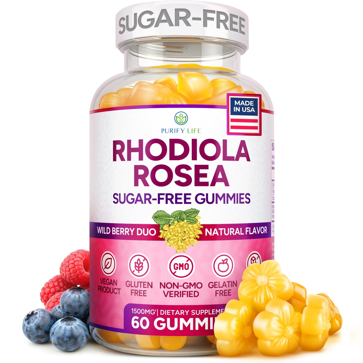 Purify Life Sugar-Free Rhodiola Rosea Gummies – 1500mg/Serving | Adrenal Support, Mood & Energy