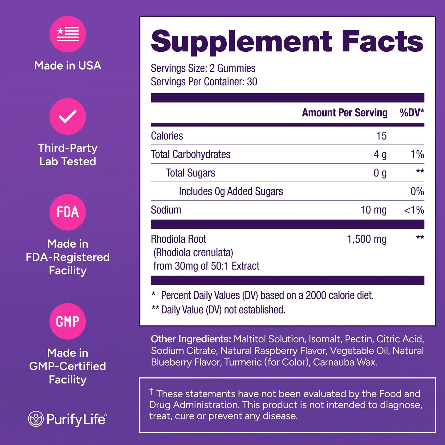 Purify Life Sugar-Free Rhodiola Rosea Gummies – 1500mg/Serving | Adrenal Support, Mood & Energy