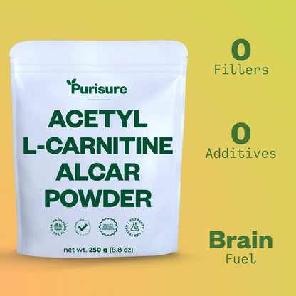 Purisure Acetyl L-Carnitine Powder, 250g – ALCAR Powder for Cognitive Performance & Endurance | Gluten Free, Non-GMO, 500 Servings