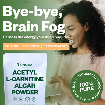 Purisure Acetyl L-Carnitine Powder, 250g – ALCAR Powder for Cognitive Performance & Endurance | Gluten Free, Non-GMO, 500 Servings