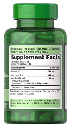 Puritan's Pride Berberine, Alpha Lipoic Acid & Grape Seed - 90 Veg Capsules