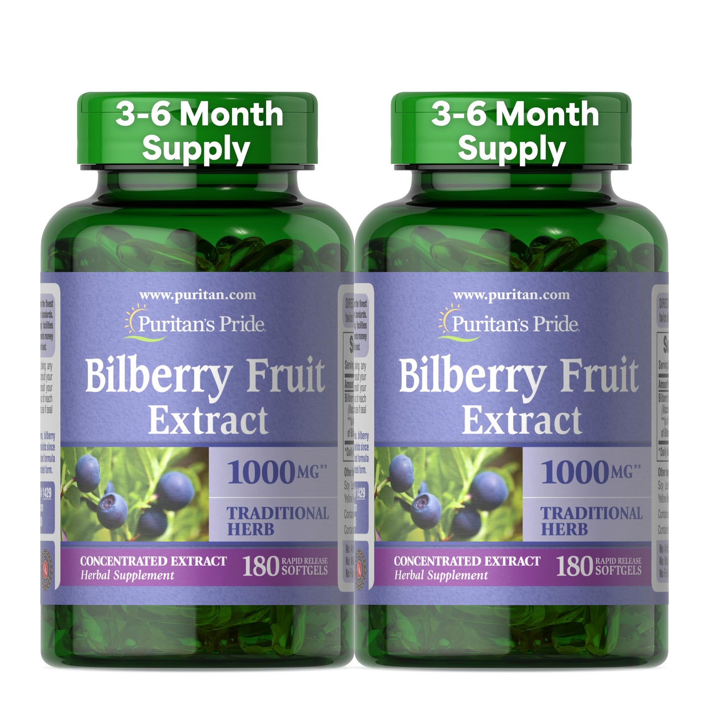 Puritan's Pride Bilberry Fruit Extract 4:1 250 mg (1000 mg) – 180-Count Softgel 2-Pack