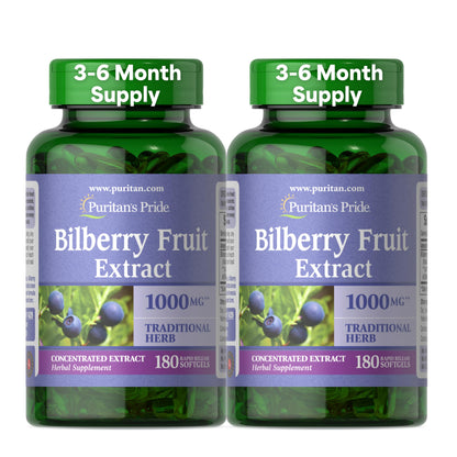 Puritan's Pride Bilberry Fruit Extract 4:1 250 mg (1000 mg) – 180-Count Softgel 2-Pack