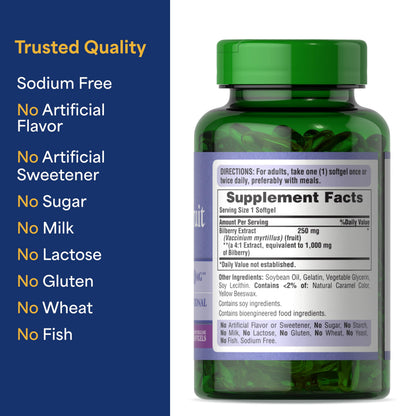 Puritan's Pride Bilberry Fruit Extract 4:1 250 mg (1000 mg) – 180-Count Softgel 2-Pack