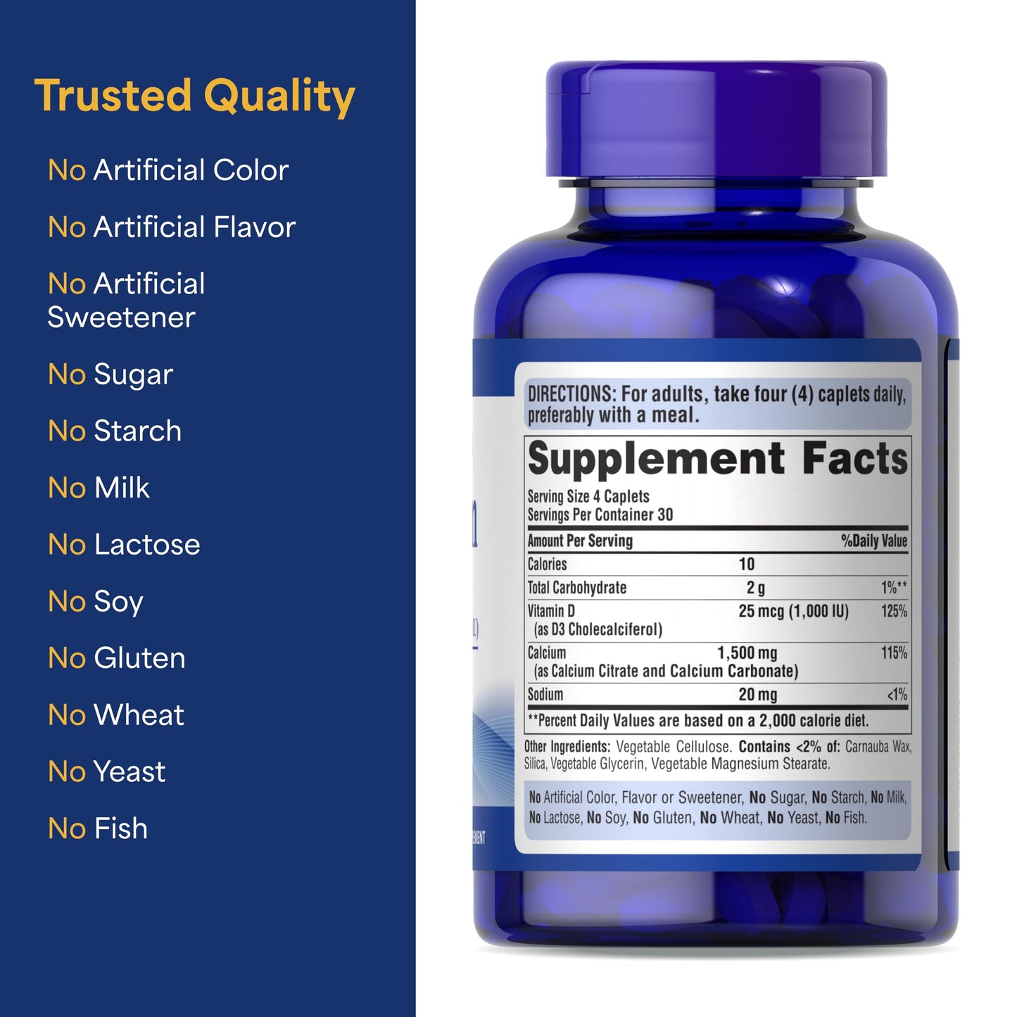 Puritan's Pride Calcium 1500 mg + Vitamin D3 1000 IU – 120 Coated Caplets