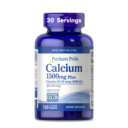 Puritan's Pride Calcium 1500 mg + Vitamin D3 1000 IU – 120 Coated Caplets