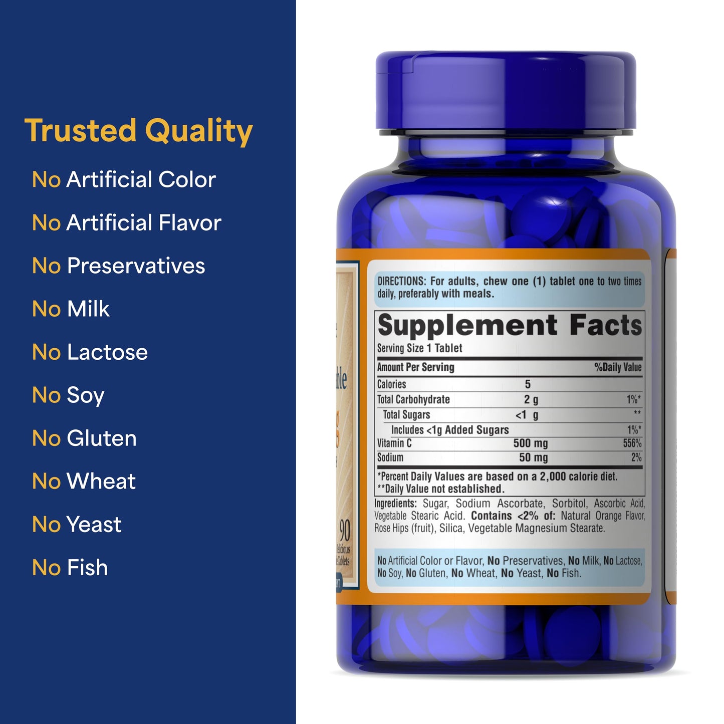 Puritan's Pride Chewable Vitamin C-500 mg with Rose Hips | Immune Support