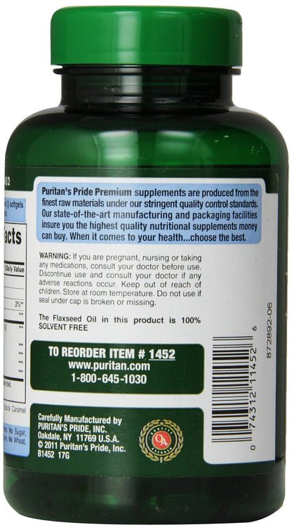 Puritan's Pride Flax Oil 1000 mg – Cold Pressed Omega-3-6-9 | 120 Softgels