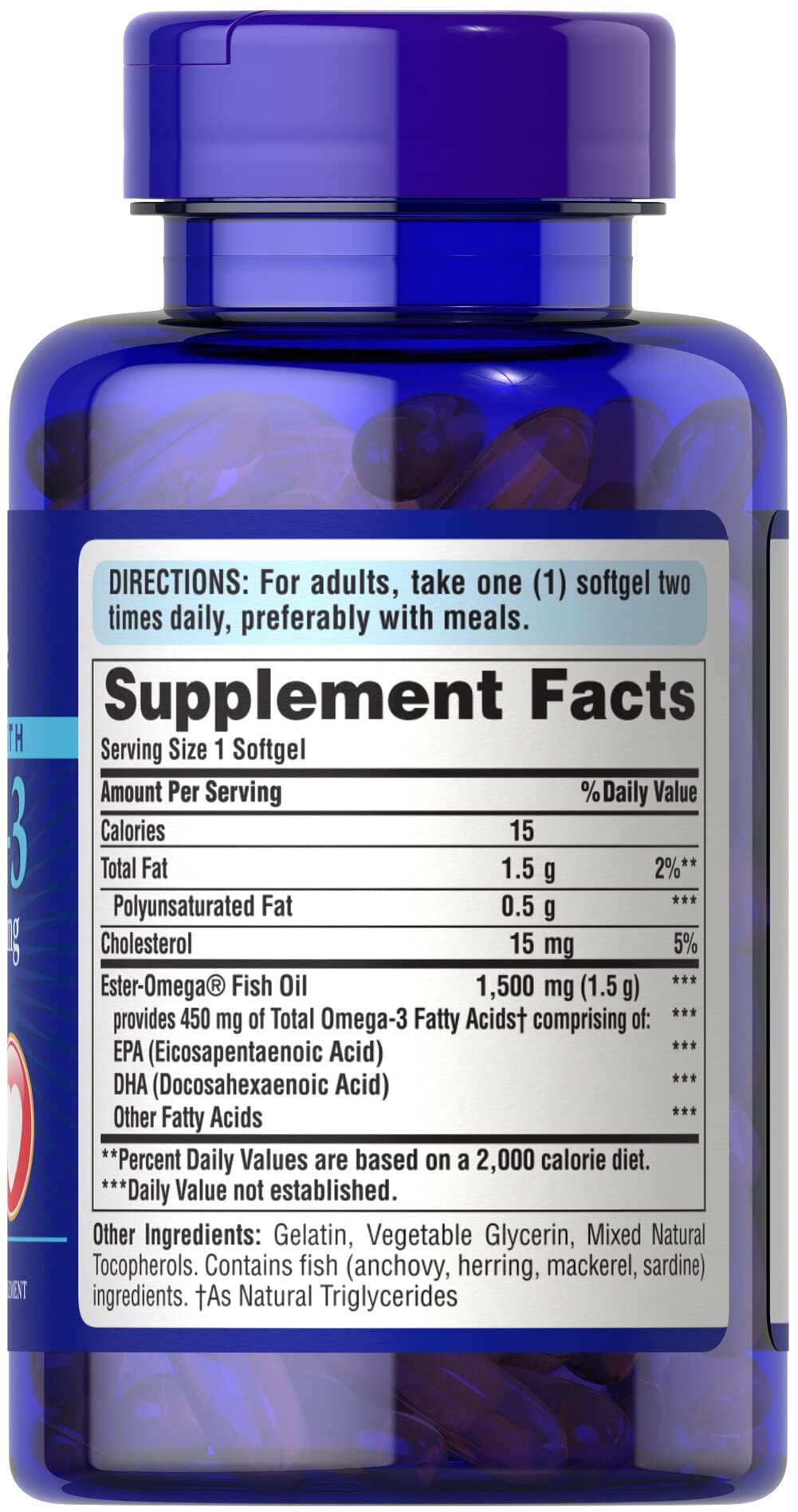 Puritans Pride Omega-3 Fish Oil 1500 mg | 450 mg EPA/DHA Softgels, 60 ct