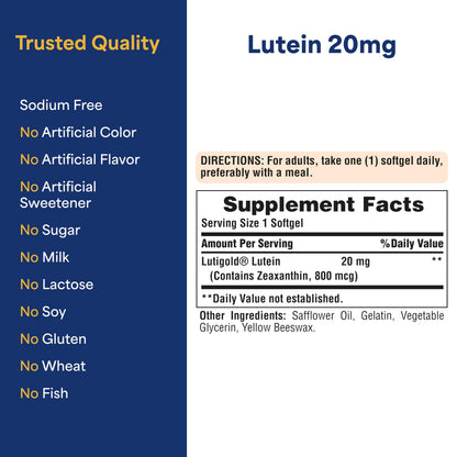 Puritan's Pride Premium Lutigold Lutein 20 mg with Zeaxanthin - Eye Health Support, 8-Month Supply, 120 Softgels