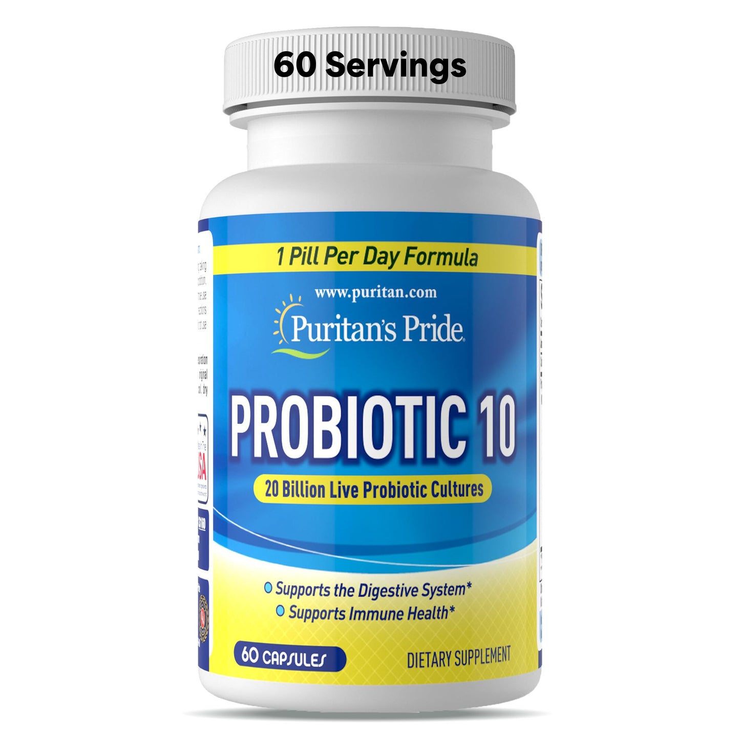 Puritan's Pride Probiotic 10 with Vitamin D for Immune System Health - 60 Count, White Bottle