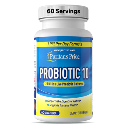 Puritan's Pride Probiotic 10 with Vitamin D for Immune System Health - 60 Count, White Bottle