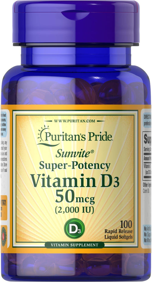 Puritan's Pride Sunvite Vitamin D3 2000IU - 100 Softgels (Discontinued) BritishVita | Premium UK Vitamins & Wellness Supplements