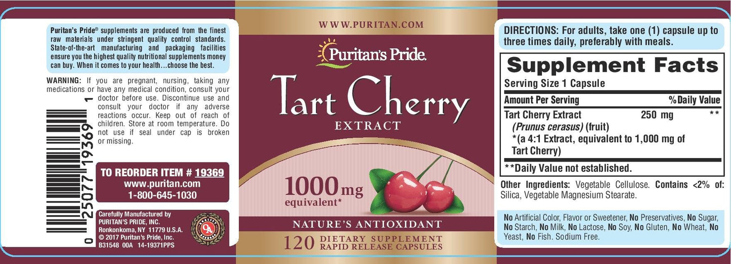 Puritans Pride Tart Cherry Extract 1000 Mg – 120 Count Capsules
