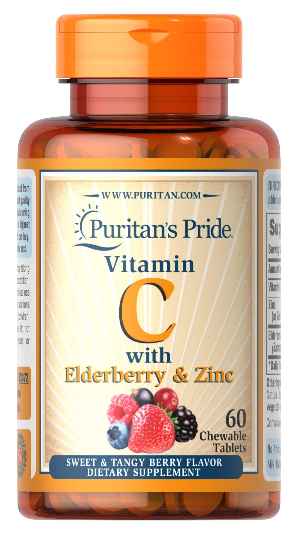 Puritan's Pride Vitamin C with Elderberry & Zinc – Immune Support Chewables, 60 Count