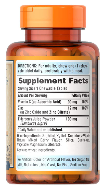 Puritan's Pride Vitamin C with Elderberry & Zinc – Immune Support Chewables, 60 Count