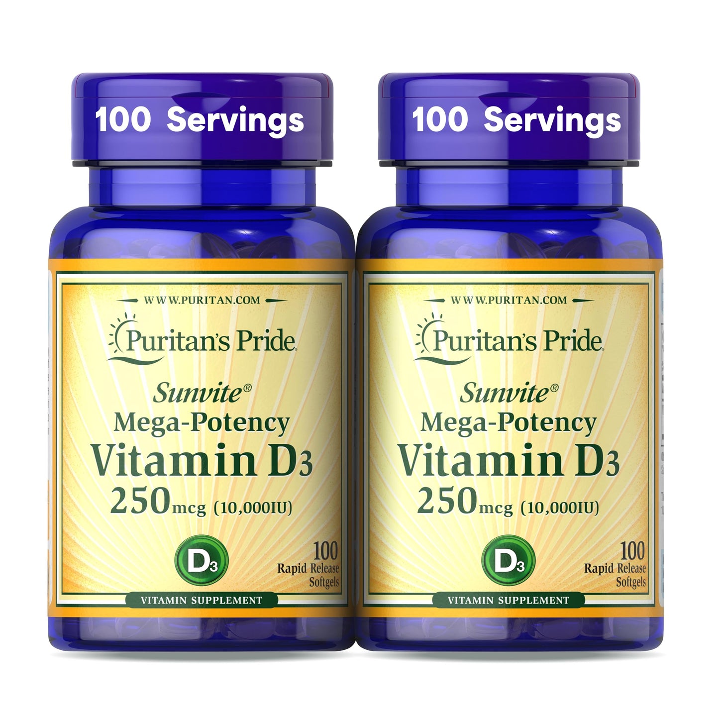 Puritan's Pride Vitamin D3 10,000 IU – 2-Pack (200 Softgels) – Immune & Bone Support