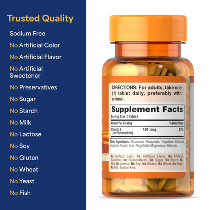 Puritan's Pride Vitamin K 100 mcg – 100 Tablets, 100-Day Supply