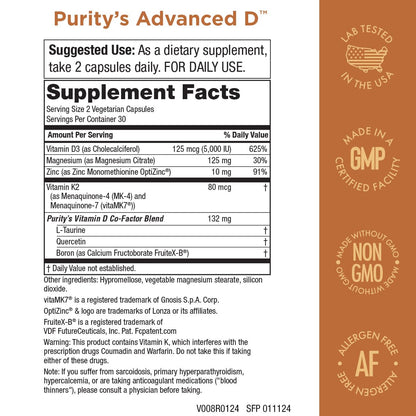 Purity Dr. Cannell's Advanced D Vitamin D3 Formula with Vitamin K2, Zinc, Magnesium Citrate, Boron & Taurine – 60 Vegetarian Capsules